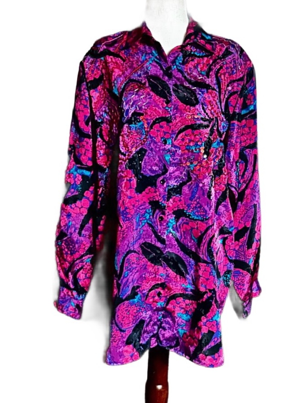 Joyce ~ Size 12 ~ Vtg ~ Purple & Blue Geometric Print ~ Sequins/Beaded ~ Shirt